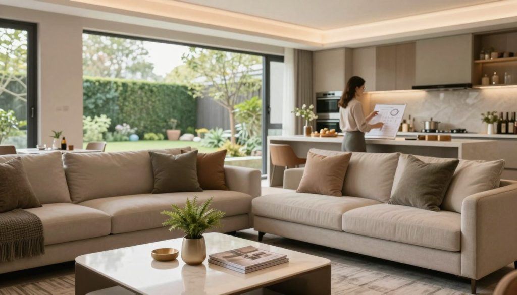 A beautifully designed interior space showcasing a modern living room and an adjacent open kitchen, emphasizing a harmonious blend of functionality and aesthetics. In the foreground, a sleek, minimalist coffee table adorned with a stylish plant and a design magazine. The middle features a cozy seating arrangement with plush sofas, elegant throw pillows, and a chic rug. The background showcases large windows bathed in natural light, revealing a lush garden outside. Soft, warm lighting creates a welcoming atmosphere, while a professional woman in smart casual attire examines a renovation plan at a kitchen island. The scene is captured with a soft focus lens, offering an inviting and inspiring mood for home improvement enthusiasts. The overall vibe is one of sophistication, comfort, and practicality.