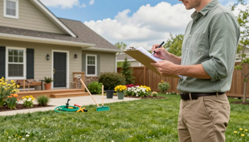 A cozy suburban home in the foreground, surrounded by lush greenery and seasonal flowers, illustrating spring maintenance. A homeowner in professional casual attire checks off a checklist on a clipboard, standing next to a well-maintained lawn. In the middle ground, tools like a rake, gardening shears, and a hose hint at seasonal tasks, arranged neatly on a wooden patio. In the background, a vibrant blue sky with fluffy white clouds suggests a bright day. Soft, natural lighting enhances the inviting atmosphere, while the angle captures both the homeowner and the vibrant surroundings, conveying a sense of preparedness and seasonal change.