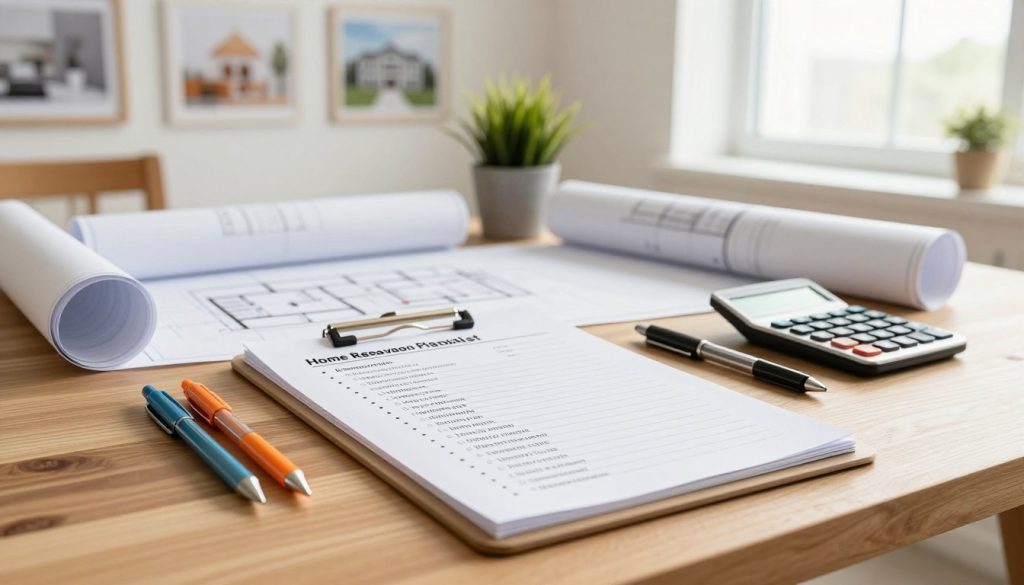 A detailed home renovation planning checklist spreads across a wooden desk in a well-lit, airy workspace. In the foreground, a sleek clipboard holds neatly organized sheets, each with bullet points detailing goals, scopes, and budget estimations. Colorful pens and a modern calculator are also placed beside the clipboard, indicating active planning. In the middle ground, a partially rolled architectural blueprint lies next to a small potted plant, adding a touch of green and freshness. The background features a wall with framed inspirational home remodeling images, providing motivation. Soft, natural light streams in through a large window, creating a warm and inviting atmosphere, inviting viewers to visualize their own home transformation journey.
