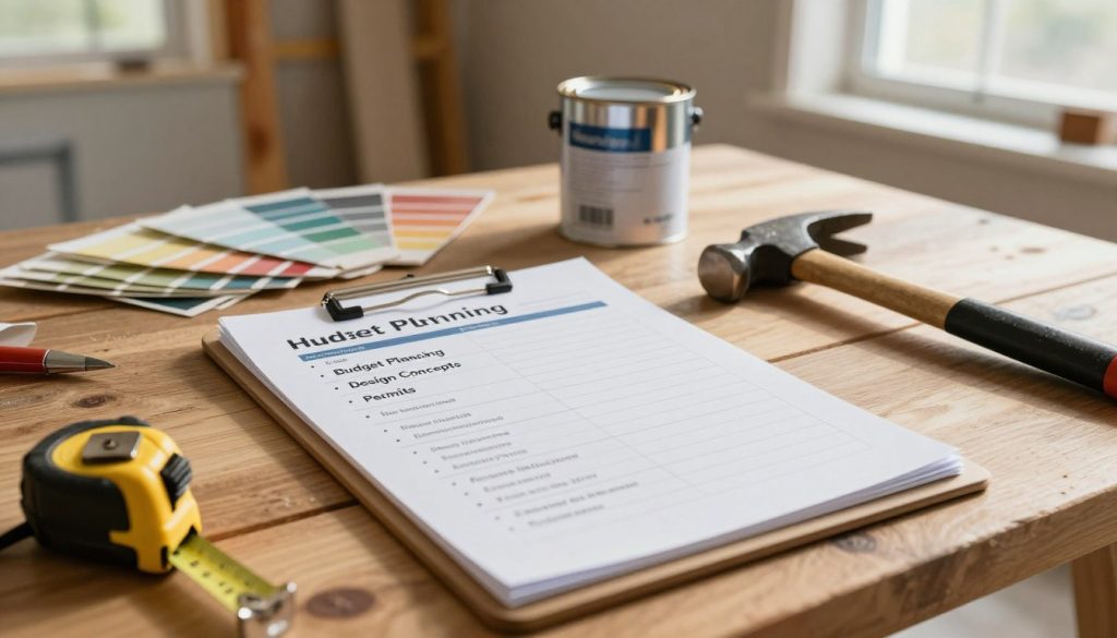 A detailed house renovation checklist displayed on a wooden table, with tools like a measuring tape and a hammer nearby. In the foreground, a clipboard holds a neatly organized checklist with items like "Budget Planning", "Design Concepts", "Permits" in clear bullet points. In the middle ground, a set of color swatches and paint cans suggest ongoing decision-making. The background shows a partially renovated room with exposed beams and construction materials to create a sense of active work. Soft, natural daylight streams in through a window, casting gentle shadows, adding warmth and inviting atmosphere. The lens captures the scene from a slightly elevated angle, focusing on the checklist while giving a peek into the renovation space.