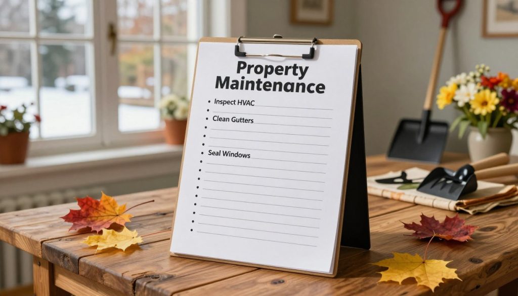A detailed property maintenance checklist prominently displayed on a rustic wooden table, surrounded by seasonal items such as colorful autumn leaves, a snow shovel, blooming spring flowers, and summer gardening tools. In the foreground, the checklist is filled with neatly organized tasks such as "Inspect HVAC", "Clean Gutters", "Seal Windows", all rendered in bullet points for clarity. The middle ground features a cozy, warmly lit home interior with natural light streaming through a window, highlighting the checklist. In the background, a hint of the changing seasons is subtly suggested, with a view of a backyard transforming from a snowy landscape to a blooming garden. The overall mood is inviting and practical, emphasizing the importance of seasonal home care.