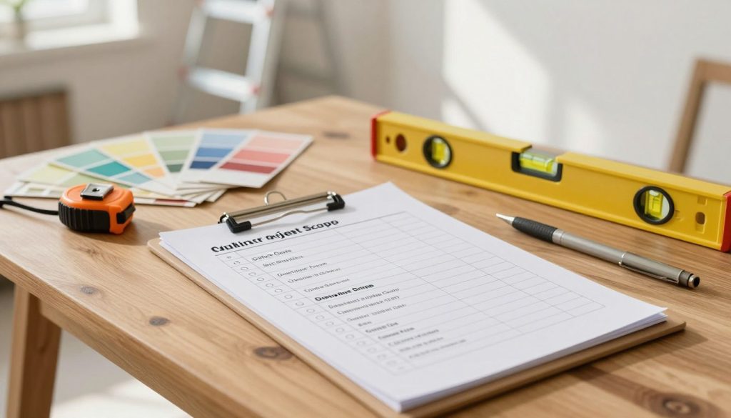 A detailed renovation checklist displayed on a wooden table, surrounded by tools and materials. In the foreground, a clipboard with an organized list of tasks such as "Define Goals," "Set Priorities," and "Outline Project Scope." The middle ground features paint swatches, measuring tape, and a level, emphasizing the planning stage of home improvement. In the background, a bright, sunlit room with partially painted walls and a ladder, creating a sense of ongoing renovation. Soft natural lighting casts gentle shadows, enhancing the atmosphere of creativity and preparation. The mood is focused and motivating, inviting beginners to dive into their home improvement journey.