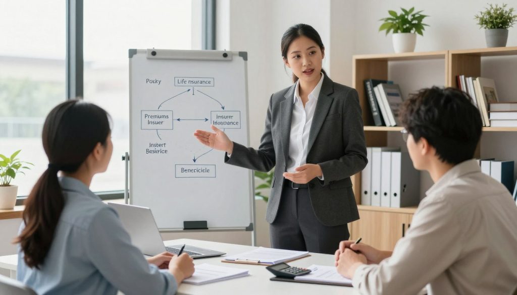 A professional financial advisor in business attire, standing confidently in a well-lit office, explaining life insurance to a diverse couple sitting across a modern desk. Documents and a calculator are present, emphasizing the financial aspect of life insurance. In the background, a whiteboard illustrates a simple flowchart showing how life insurance works: policyholder, premiums, insurer, and beneficiary. Soft natural light streams in through large windows, creating an inviting atmosphere. The mood is informative yet approachable, encouraging trust and understanding. The angle focuses on the advisor and the couple, with shelves of books and plants adding warmth. The image should convey clarity and professionalism, reflecting the importance of life insurance coverage. A professional financial advisor in business attire, standing confidently in a well-lit office, explaining life insurance to a diverse couple sitting across a modern desk. Documents and a calculator are present, emphasizing the financial aspect of life insurance. In the background, a whiteboard illustrates a simple flowchart showing how life insurance works: policyholder, premiums, insurer, and beneficiary. Soft natural light streams in through large windows, creating an inviting atmosphere. The mood is informative yet approachable, encouraging trust and understanding. The angle focuses on the advisor and the couple, with shelves of books and plants adding warmth. The image should convey clarity and professionalism, reflecting the importance of life insurance coverage.