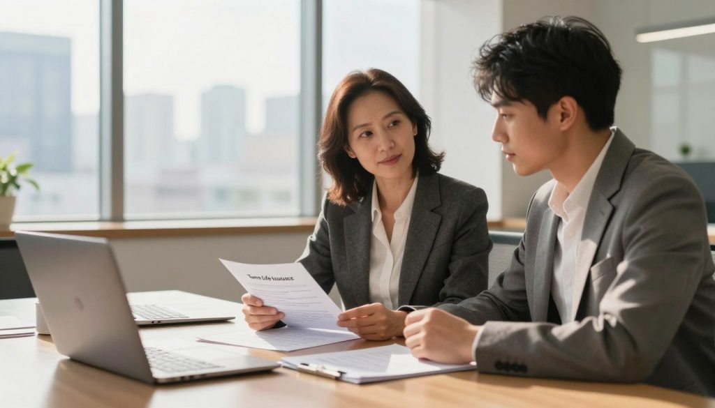 A professional office scene illustrating the concept of term life insurance coverage. In the foreground, a confident, middle-aged businesswoman in a tailored suit discusses insurance policies with a young professional man in smart casual attire, both focused on documents spread on a polished conference table. In the middle ground, a large window lets in warm, natural light that creates a bright and inviting atmosphere, enhancing the feeling of trust and assurance. In the background, a city skyline can be seen, symbolizing growth and opportunity. The lighting is soft and flattering, with a slight depth of field effect to keep the focus on the individuals. The overall mood is informative and reassuring, embodying the essence of understanding and securing financial protection through term life insurance.