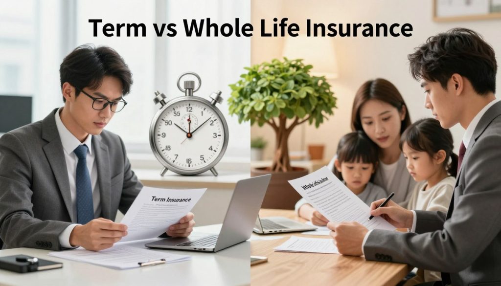 A split-screen image illustrating the concept of "Term vs Whole Life Insurance." In the foreground, on the left, a focused professional in business attire sits at a sleek desk, examining documents labeled 'Term Insurance,' portraying an analytical approach. To the right, another professional, also in business attire, is engaged with a family around a table, discussing 'Whole Life Insurance' while holding a policy brochure, emphasizing the emotional aspect of financial security. The middle ground features contrasting elements like a stopwatch and a clock symbolizing time for term insurance, and a growing tree representing the lifelong benefits of whole life insurance. The background softly transitions from a corporate office to a cozy home setting, enhancing the atmosphere of financial planning and personal choice. Warm, inviting lighting accentuates the details, capturing an informed and decisive mood.