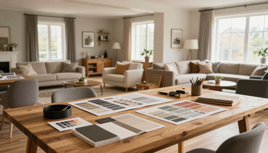 A stylish, modern interior design space showcasing an inspiring home renovation concept. In the foreground, a well-organized workspace featuring a large wooden table with various design material samples, color swatches, and tools neatly arranged, reflecting a sense of professionalism. The middle ground includes a partially renovated room, highlighting a mix of contemporary furniture and traditional elements, with soft textures and inviting colors. In the background, large windows flood the area with warm, natural light, enhancing the cozy atmosphere. Use a wide-angle lens to capture the essence of organization and creativity in the design process. A calm and motivating ambiance should permeate the scene, emphasizing a stress-free approach to home renovation.