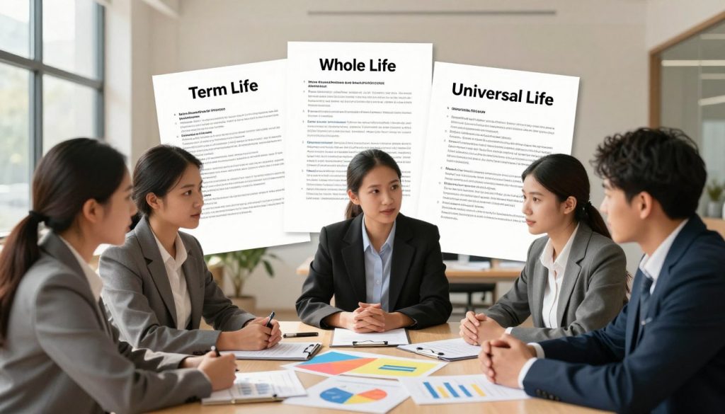 A visually appealing composition illustrating the concept of life insurance policies. In the foreground, showcase a diverse group of four individuals in professional business attire—two men and two women—engaged in a thoughtful discussion around a table filled with colorful life insurance documents and charts. In the middle ground, present various types of life insurance policies visually represented as documents with bold headings, such as "Term Life," "Whole Life," and "Universal Life." In the background, depict a warm and inviting office environment with soft natural lighting filtering through large windows, casting gentle shadows across the scene. This tranquil atmosphere conveys a sense of security and trustworthiness, essential elements of life insurance.
