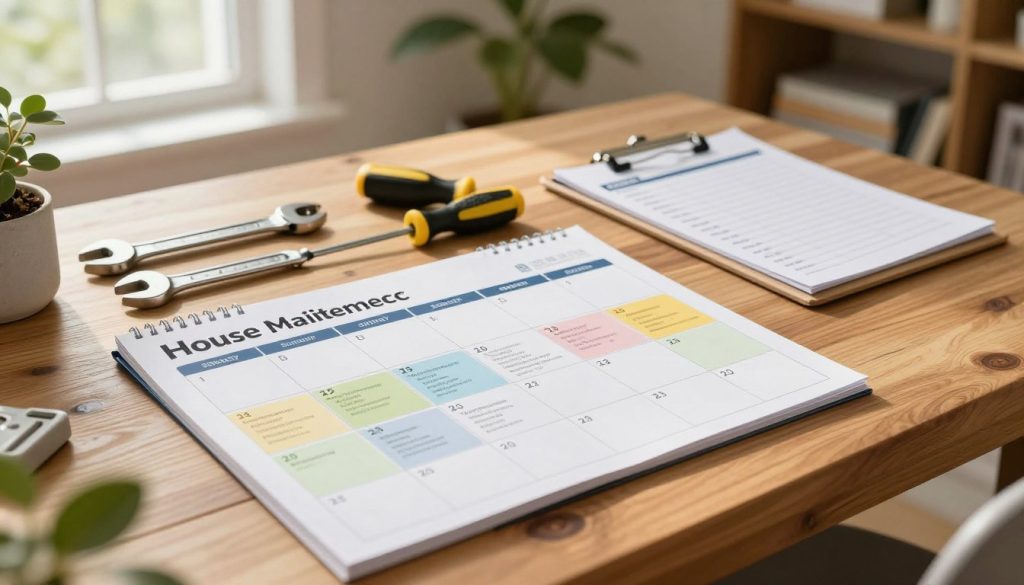 A visually engaging and organized house maintenance schedule laid out on a wooden table in a cozy home environment. The foreground features a well-designed calendar open to a monthly view with color-coded maintenance tasks for each season, including tasks like gutter cleaning, HVAC checks, and seasonal inspections. In the middle, there are neatly arranged tools such as a wrench, screwdriver, and a clipboard with a checklist, all in a natural setting with soft afternoon light streaming through a nearby window. The background shows a warm, homely living room with plant decor and a hint of a bookshelf, creating a welcoming atmosphere. The overall mood is practical and encouraging, inviting homeowners to engage in proactive home care.