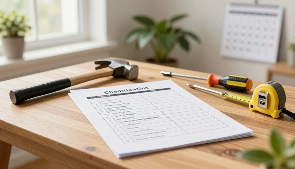 A well-organized home maintenance schedule displayed on a wooden table, with tools like a hammer, screwdriver, and measuring tape laid artistically around it. In the foreground, a printed checklist is prominently featured, showcasing monthly tasks such as gutter cleaning, HVAC maintenance, and smoke alarm checks. The background features a cozy, well-lit home interior with green plants, a window allowing soft natural light to illuminate the scene, and a calendar on the wall highlighting important seasonal maintenance dates. The mood is practical yet inviting, capturing the essence of a well-kept home. Use a warm color palette and a slight depth of field to enhance focus on the schedule while softly blurring the background elements.