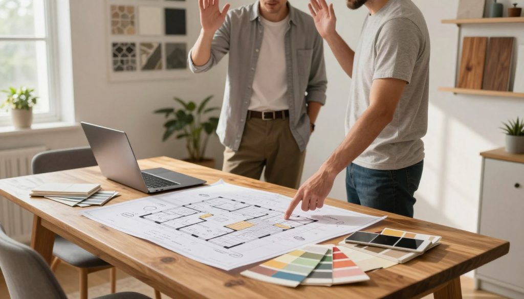 A well-organized home renovation planning scene captured in a bright, naturally lit room. In the foreground, a large wooden dining table is strewn with blueprints, a laptop, and color swatches. A detailed floor plan is prominently displayed, showing different areas marked for renovation. In the middle ground, two professionals in modest casual clothing discuss ideas, waving their hands as they point at the plans. In the background, a mood board adorned with samples of materials like tiles, paint, and hardwood offers an inspiring touch. Soft sunlight streams in through large windows, casting gentle shadows, creating a warm and inviting atmosphere. The overall mood conveys excitement with a sense of organization and creativity, perfect for planning a successful home remodel.